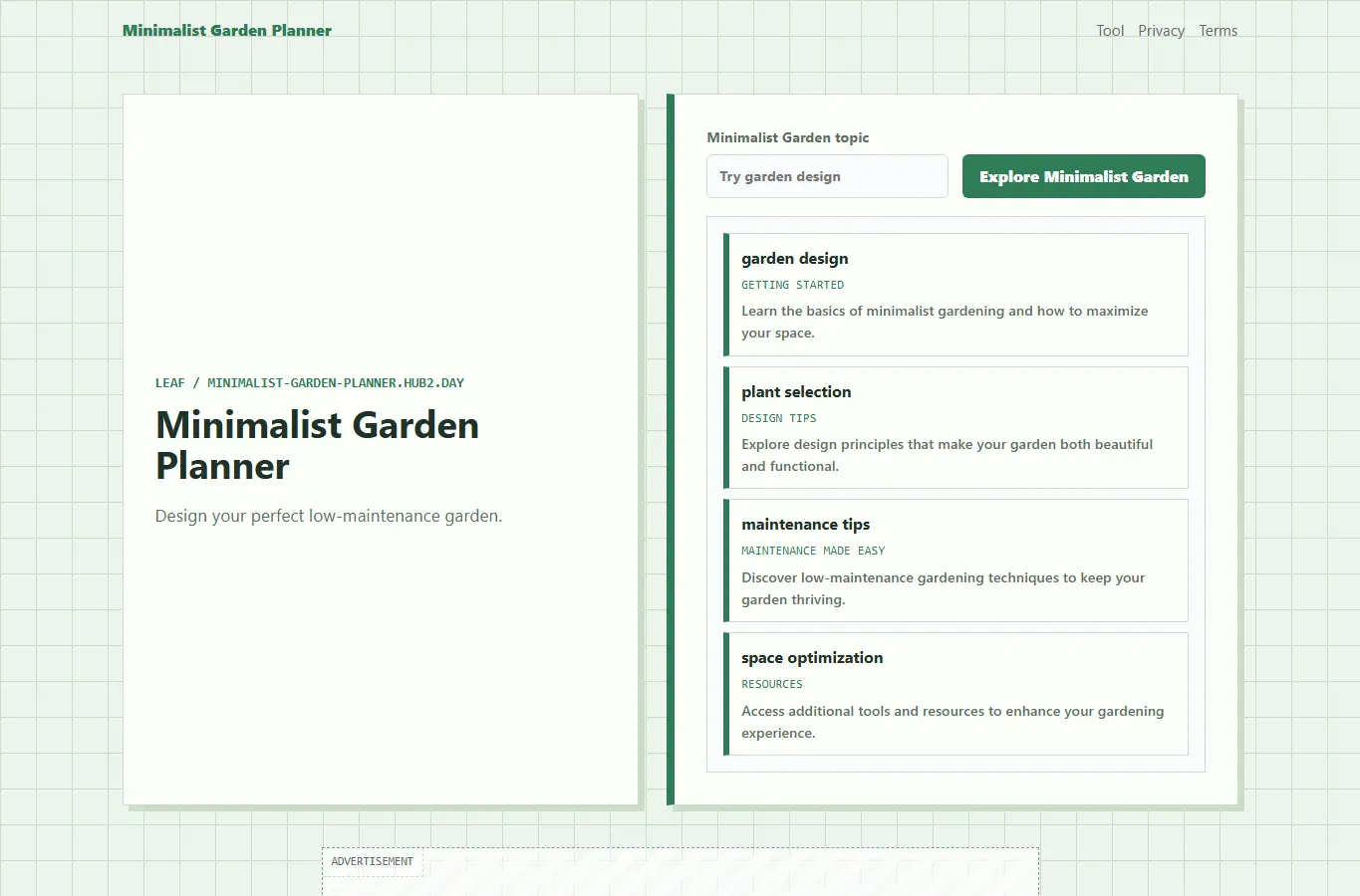 Screenshot of Minimalist Garden Planner interface showing the project page in use